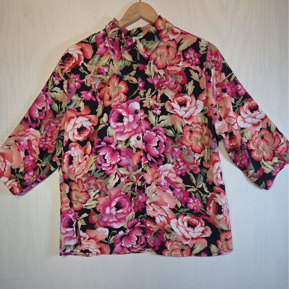 BonWorth Women's MP Petite Blouse Pink Floral Button Front 3/4 Sleeve Top